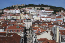 Portugal, Estremadura, Lisbon, View over the Baixa district with Sao Jorge Castle in the background.