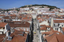 Portugal, Estremadura, Lisbon, View over the Baixa district with Sao Jorge Castle in the background.