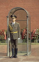 Russia, Moscow, Kremlin, Guard in sentry box next to the eternal flame.   