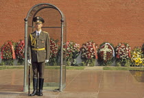 Russia, Moscow, Kremlin, Guard in sentry box next to the eternal flame.