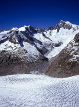 Switzerland, Valais, Aletsch Glacier, Peak of Aletschhorn 4195 metres against sky on right and Geisshorn 3740 metres on left with Mittel and aletschgletscher below showing crevasses.