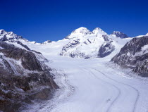 Switzerland, Valais, Aletsch Glacier, Upper Aletschgletscher with peaks of Jungfrau 4158 metres Monch 4099 metres Trugberg 3933 metres Eiger 3970 metres
