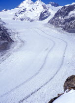 Switzerland, Valais, Aletsch Glacier, Upper Aletschgletscher with peaks of Jungfrau 4158 metres Monch 4099 metres Trugberg 3933 metres Eiger 3970 metres.