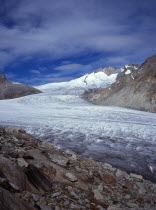 Switzerland, Valais, Rhone Glacier, Upper Rhone glacier from the Nagelisgratei Path with Dammastock mountain background right 3630 metres.
