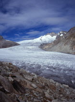 Switzerland, Valais, Rhone Glacier, Upper Rhone glacier from the Nagelisgratei Path with Dammastock mountain background right 3630 metres.