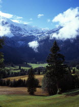 Switzerland, Vaud, Les Diablerets, Les Diablerets mountain group with high point of 3210 metres seen from west Col du Pillon with Alpine meadows in foreground.