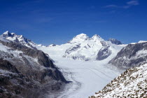 Switzerland, Valais, Jungfrau-Aletsch, Upper Aletschgletscher with from left to right Jungfrau Monch Trugberg and Eiger from Eggishorn.