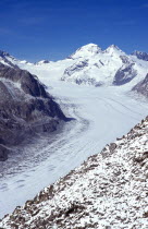 Switzerland, Valais, Jungfrau-Aletsch, Upper Aletschgletscher with from left to right Jungfrau Monch Trugberg and Eiger from Eggishorn.