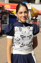 Mexico, Bajio, Zacatecas, a Charra or female cowboy in traditional dress at the Rodeo.