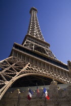 USA, Nevada, Las Vegas, The Strip, replica Eiffel tower at the Paris hotel and casino.