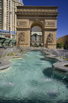 USA, Nevada, Las Vegas, The Strip, replica Arc de Triomphe at the Paris hotel and casino.