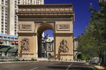 USA, Nevada, Las Vegas, The Strip, replica Arc de Triomphe at the Paris hotel and casino.
