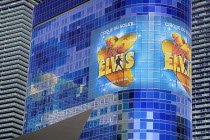 USA, Nevada, Las Vegas, The Strip, Cirque du Soleil Viva Elvis show being advertised on the exterior of the Aria resort hotel.