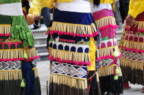 Mexico, Bajio, Zacatecas, Indigenous dance group, dress detail.