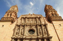 Mexico, Bajio, Zacatecas, Cathedral, part view of  baroque facade.