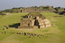 Mexico, Oaxaca, Monte Alban, Edificio buildings G, H and I in the central plaza.