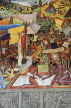 Mexico, Federal District, Mexico City, Detail of Mexico a Traves de los Siglos mural by Diego Rivera in the Palacio Nacional depicting life before the Conquest including paper making.