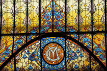 Mexico, Federal District, Mexico City, Detail of Tiffany glass window in the Gran Hotel, Zocalo.