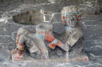 Mexico, Federal District, Mexico City, Chac Mool figure at the entrance to Tlaloc Shrine in the Templo Mayor Aztec temple ruins.