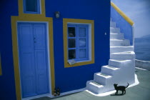 Greece, Cyclades, Santorini, Fira,  Blue painted house with white steps leading up the outside wall and a black cat outside.