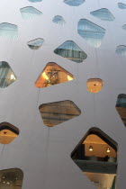 Japan, Tokyo, Ginza, part of the facade of the new Mikimoto Building with distinctive windows.
