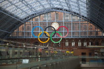 England, London, St Pancras railway station on Euston Road, champagne bar and concourse.