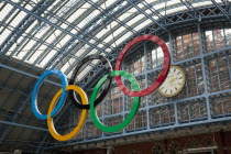 England, London, St Pancras railway station on Euston Road, Olympic sign in the terminal.