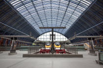 England, London, St Pancras railway station on Euston Road, Eurostar trains sat on the concourse.