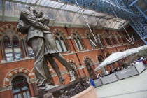 England, London, St Pancras railway station on Euston Road, The Meeting Place statue by Paul Day.