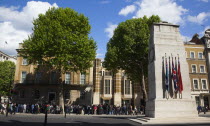 England, London, Westminster, Whitehall, the Cenotaph with protesters outside the Department for Health.