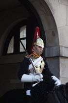 England, London, Westminster, Whitehall, Horse Guards Parade, member of the Household Cavalry on horseback.