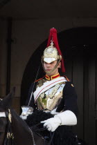 England, London, Westminster, Whitehall, Horse Guards Parade, member of the Household Cavalry on horseback.