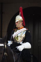 England, London, Westminster, Whitehall, Horse Guards Parade, member of the Household Cavalry on horseback.