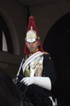 England, London, Westminster, Whitehall, Horse Guards Parade, member of the Household Cavalry on horseback.
