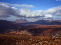Scotland, Highlands, West, View north west from Beinn-An-Fhuarain, circa 1500 feet towards, left to right, Quinag at 806 metres and snow topped Glas Bheinn at 716 metres.