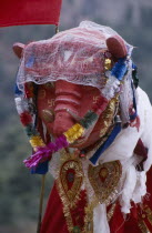 Nepal, Annapurna, Larjung, Decorated figure of god of the Thakali Gauchan clan during Lha Phewa festival meaning the appearance of the gods, held every twelve years.