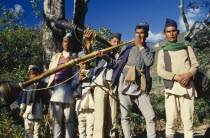 Nepal, East, Sangawa Khola Valley, Musicians taking part in wedding procession.