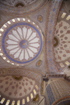 Turkey, Istanbul, Sultanahmet Camii, Blue Mosque interior, detail of the domed ceiling.