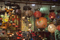 Turkey, Istanbul, Eminonu, Misir Carsisi, Spice Market, display or colourful lamps.