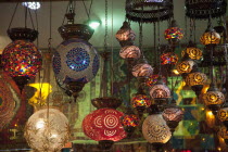 Turkey, Istanbul, Eminonu, Misir Carsisi, Spice Market, display or colourful lamps.