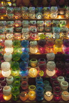 Turkey, Istanbul, Eminonu, Misir Carsisi, Spice Market, display or colourful lamps.