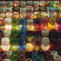 Turkey, Istanbul, Eminonu, Misir Carsisi, Spice Market, display or colourful lamps.