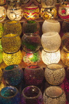 Turkey, Istanbul, Eminonu, Misir Carsisi, Spice Market, display or colourful lamps.