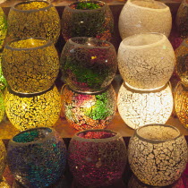 Turkey, Istanbul, Eminonu, Misir Carsisi, Spice Market, display or colourful lamps.