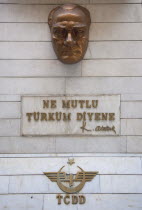 Turkey, Istanbul, Sirkeci Gar, railway station interior, bronze plaque of Ataturk