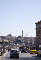Turkey, Istanbul, Karakoy, Busy traffic approaching Galata bridge.