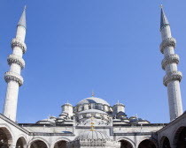 Turkey, Istanbul, Eminonu, Yeni Camii, New Mosque, Domed roof and Minarets.