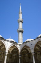 Turkey, Istanbul, Sultanahmet Camii, The Blue Mosque Courtyard with minaret and domed arches.