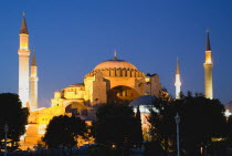 Turkey, Istanbul, Sultanahmet, Haghia Sophia illuminated at sunset with son et lumiere light show.