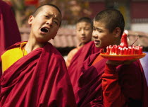 India, Sikkim, Buddhist Monks in a Losar ceremony.